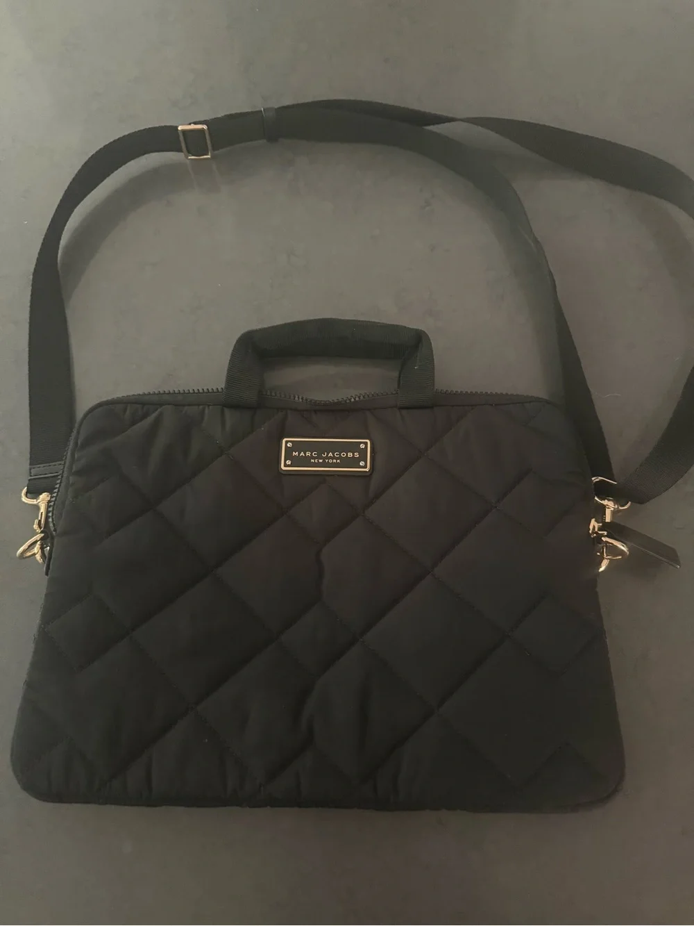 Marc Jacobs Black Quilted Laptop Shoulder Bag with Gold Hardware